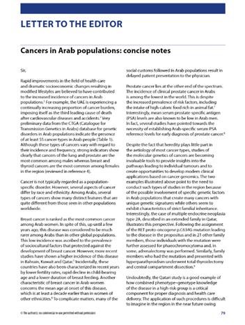 Cancers in Arab populations: Concise notes